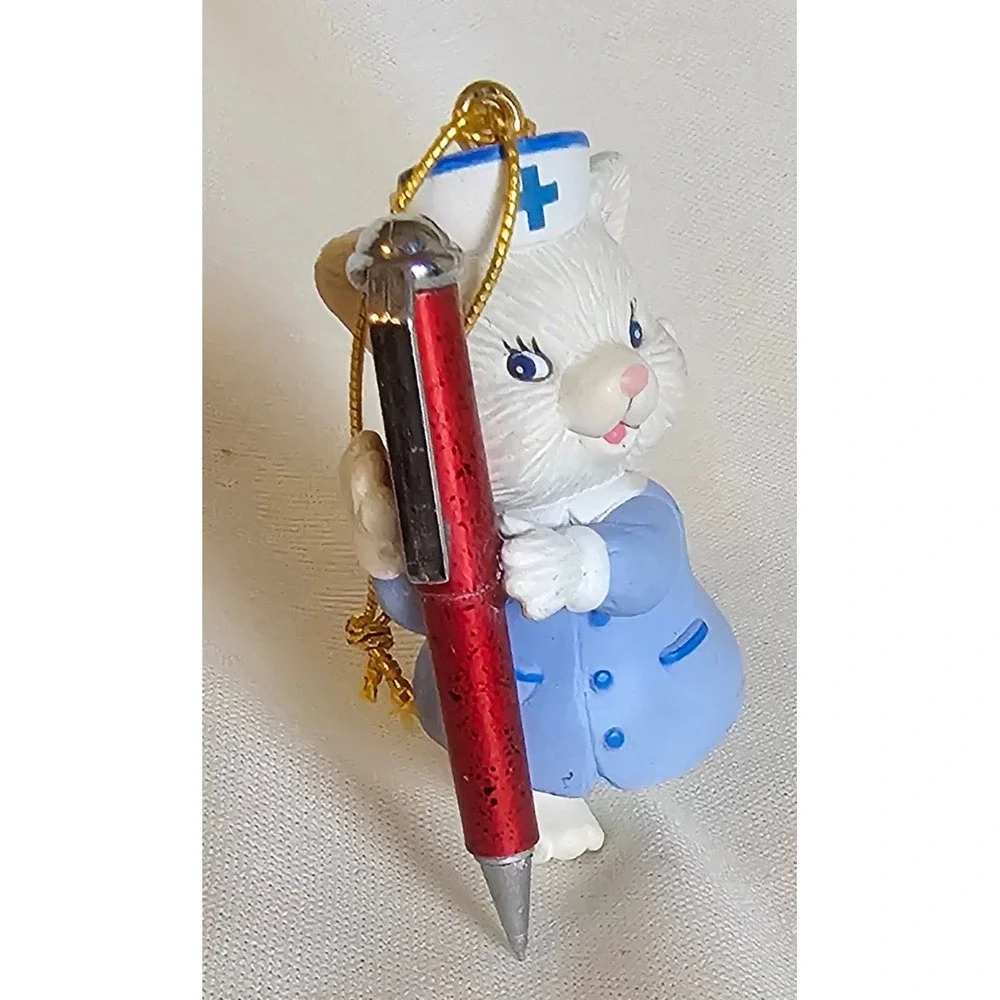 VTG Nurse Cat Christmas Ornament Small Blue White Red Medical Gift